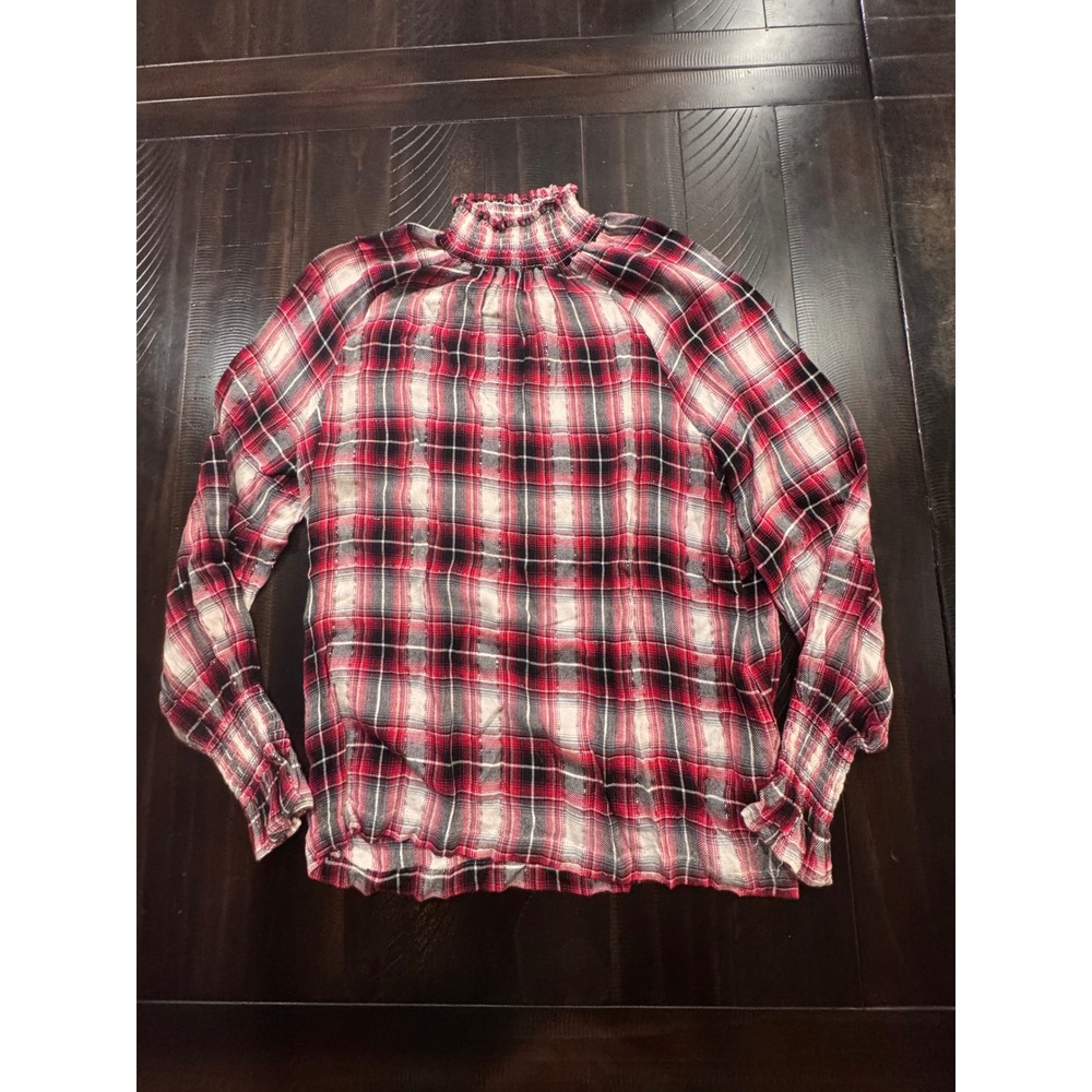 Jane and Delancey Red Plaid Smocked High Neck Metallic Blouse Small